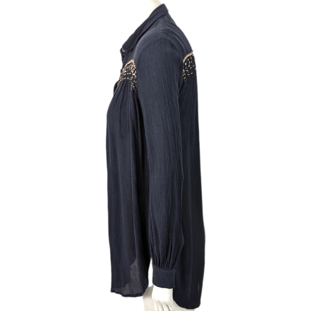 Anthropologie Floreat Beulah Beaded Tunic Button Down Top Blouse S Navy Blue - Picture 6 of 11
